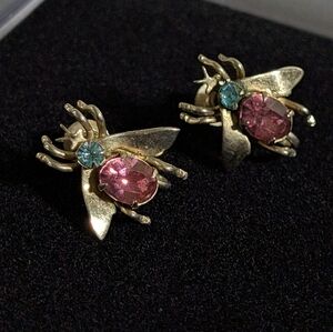 Antique Gold Tone Jeweled Insect Earrings